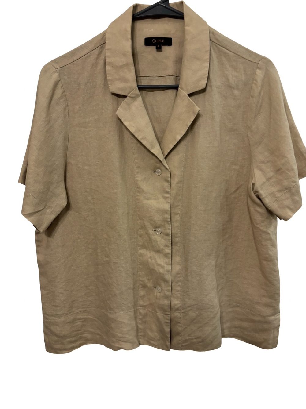 Quince Tan Short Sleeve Button Front Minimalist Resort Linen Top